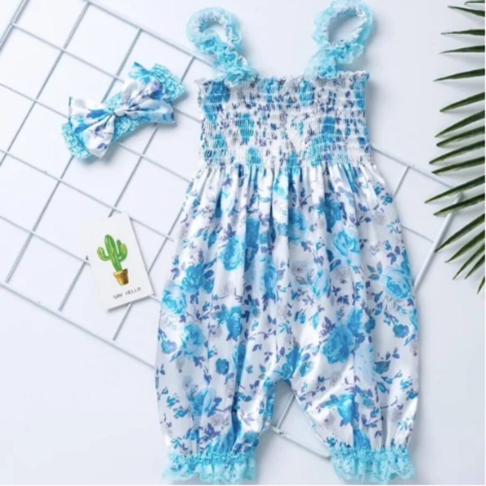 Blue Floral Baby Romper w/ matching headband